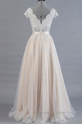 Cute Cap Sleeve V-neck Lace Tulle Wedding Dresses